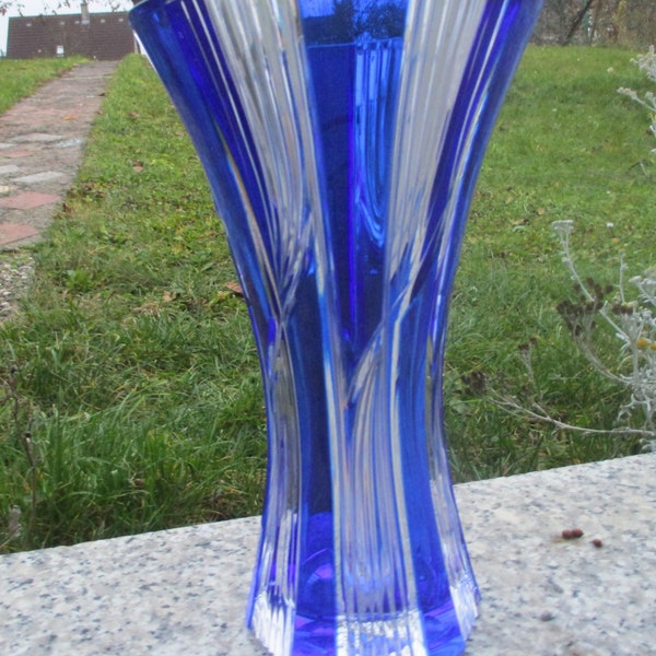 Attraktive Große=Bleikristall=Blumenvase=Königsblau=Massiv=Geschliffen