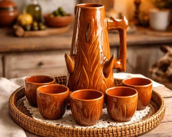 Soviet decanter brown, Cottagecore decor, Ceramic decanter set "Penek" ( stump ) USSR 70s, Vintage barware, Rustic barrel wood stump design