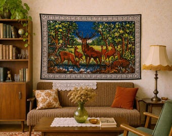 Vintage Soviet plush wall carpet with deer, USSR retro blanket carpet, Large woodland deer tapestry, Cottorage decor