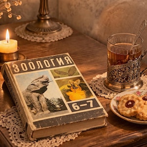 Può includere: Natura morta con un libro vintage intitolato "ZOOLOGIA" con un'illustrazione di elefante, una candela accesa, un bicchiere di tè in un portabicchieri decorativo e biscotti su un piatto floreale, su un tavolo di legno.