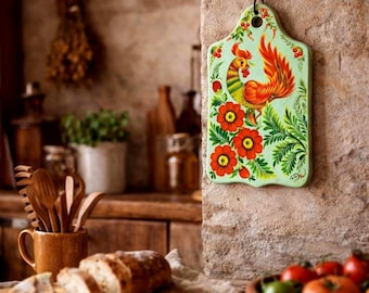 Hand-Painted Petrykivka Cutting Board, Gifts from Ukraine, Wodden Chopping Board, Folk Art Rooster & Floral Pattern made in Ukraine