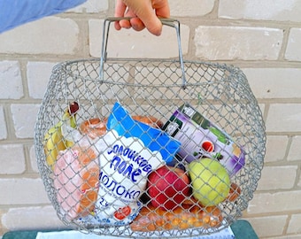 Cesta de alambre plegable, cesta de alambre plegable, cesta metálica plegable soviética vintage de los años 70 (URSS), cesta de cocina plegable retro y almacenamiento para picnic.