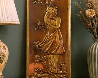 Vintage Soviet metal wall art "Girl by Rowan Tree", USSR metal relief plaque, Soviet wall decor 80s, Mid century folk art