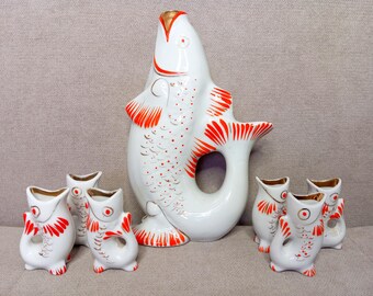 Fish drinking set, USSR vodka decanter, Vintage decanter set, Soviet vodka fish set, Collectible ceramic barware 60s
