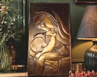 Vintage Soviet metal wall art of Madonna and Child, Soviet home decor, USSR copper wall plaque, Mid-Century modern wall decor