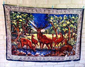 Vintage Soviet plush wall carpet with deer, USSR retro blanket carpet, Large woodland deer tapestry, Cottorage decor