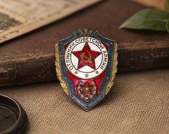 Vintage Soviet "Excellent Soldier" Badge, USSR Military Merit Award Pin with Hammer & Sickle Enamel, 70s Soviet Army