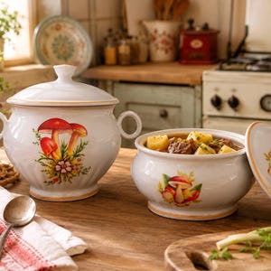 Vintage Sovjet keramische potten set met paddenstoelmotief, Sovjet keukendecoratie, Sovjet keuken, woondecoratie uit de USSR