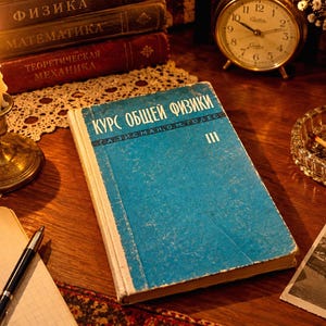 Puede incluir: Un libro de tapa dura azul titulado Kurs Obshchey Fiziki con una vela encendida en un candelabro de latón, una pila de libros, un reloj analógico, un cenicero de cristal con una cerilla, una pluma estilográfica sobre papel cuadriculado.