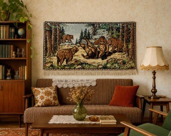 Vintage Soviet bear wall tapestry, USSR woven wall hanging, Soviet decor, Cottorage decor