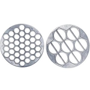 May include: Two silver-colored metal pierogi makers. One has a honeycomb pattern of small circles, and the other has a pattern of larger, connected circles. These kitchen tools are designed for making filled dumplings.