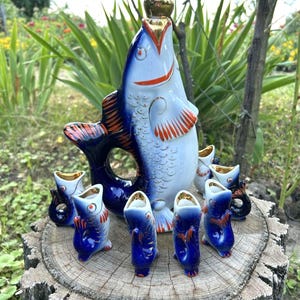 Vintage karaffset, fiskdrickset, USSR vodkakaraff, sovjetisk vodkafiskset, samlarbar i keramisk stil, 60-tal