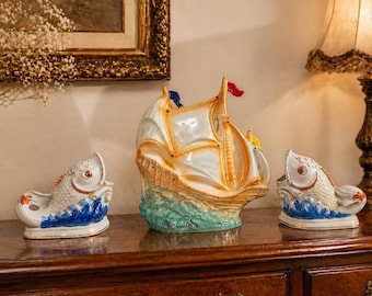 Nautical home decor, USSR home decor, Wedding gift, Cottagecore decor, Vintage ceramic gift set Ship night light & Fish figurines