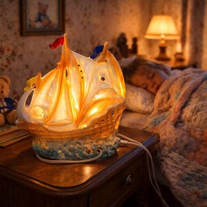 Peut inclure: Lampe de chevet en forme de bateau à voile, émettant une lumière chaleureuse. Elle est ornée de drapeaux rouges et bleus. Un ours en peluche et une photo encadrée complètent la scène dans une chambre.
