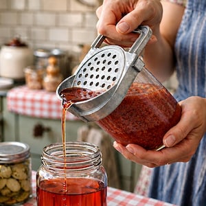 Puede incluir: Una persona vierte un líquido rojo de un frasco de vidrio a través de un colador de metal en otro frasco. Varios frascos de alimentos en conserva son visibles en el fondo, lo que sugiere enlatado casero. La escena evoca la conservación tradicional de alimentos.