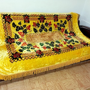 Vintage Soviet plush velvet tablecloth with fringe, Floral USSR bedspread, Retro sofa cover