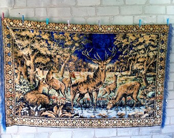 Vintage Soviet plush carpet with deer image, Soviet decor, USSR velvet carpet, Cottorage decor