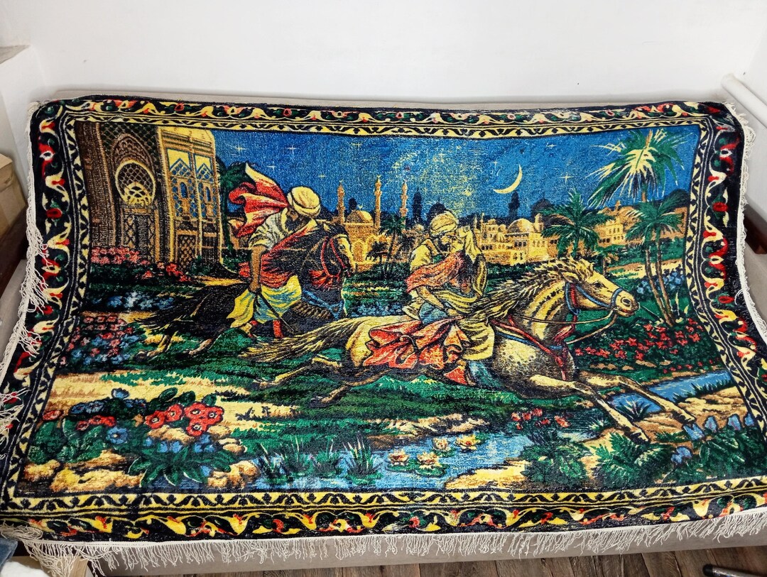 Vintage Soviet Velor Wall Rug 1970s, Oriental Horsemen Tapestry Carpet ...