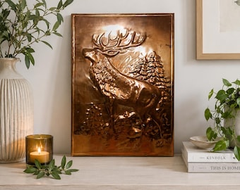 Vintage Soviet metal wall art deer in forest, Soviet decor, Bronze Wall Plaque, USSR rustic hunting decor, Retro wall hanging