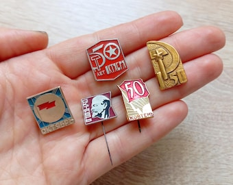 Vintage USSR Pin Set, 50s Years of Oktober Revolution, Soviet Collectible Badges Lot, 1917-1967  Anniversary Pins