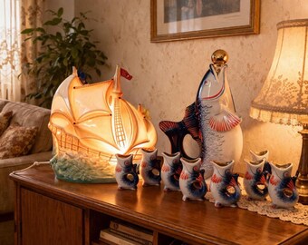 Nautical home decor, Unique vintage gift set Soviet fish decanter + GDR night light ship, Housewarming gift, Soviet home decor