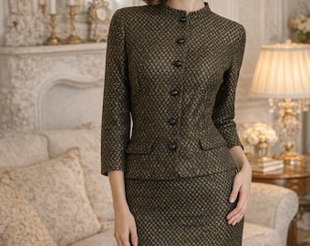 Traje vintage alemán de lana y lúrex de los años 60. Conjunto de chaqueta y falda hecho a mano. Ropa del baúl de la abuela. Un hallazgo excepcional y una pieza única.