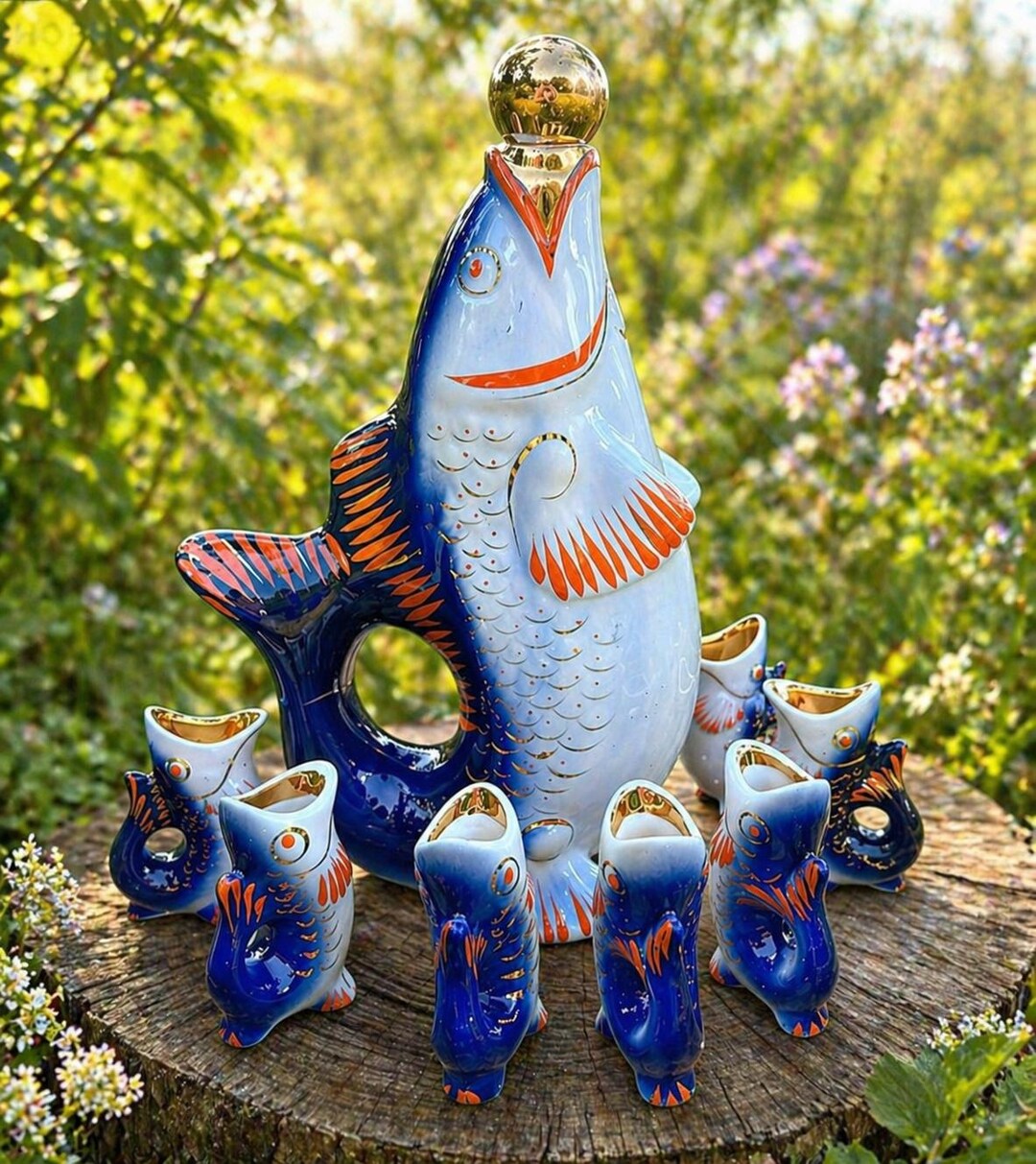 Vintage Barware, Soviet Fish Whiskey Decanters, USSR Home Decor