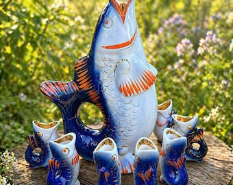 Vintage barware, Soviet fish whiskey decanters, USSR home decor, Collectible ceramic barware 60s, USSR vodka decanter