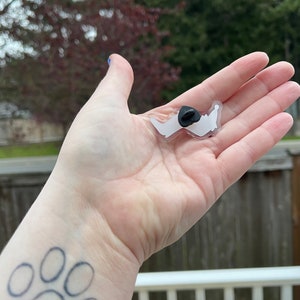 May include: A clear plastic pin with a white outline of a dog paw print. The pin has a black metal backing with a safety pin closure.