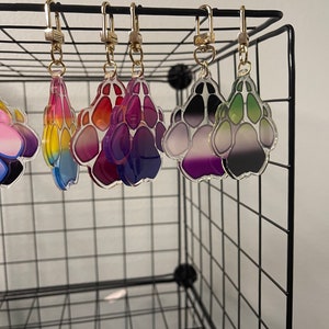 May include: Six colourful paw print keychains with gold clasps. The paw prints are made of clear acrylic with a gradient of colours, including rainbow, purple, pink, black, green, and white.