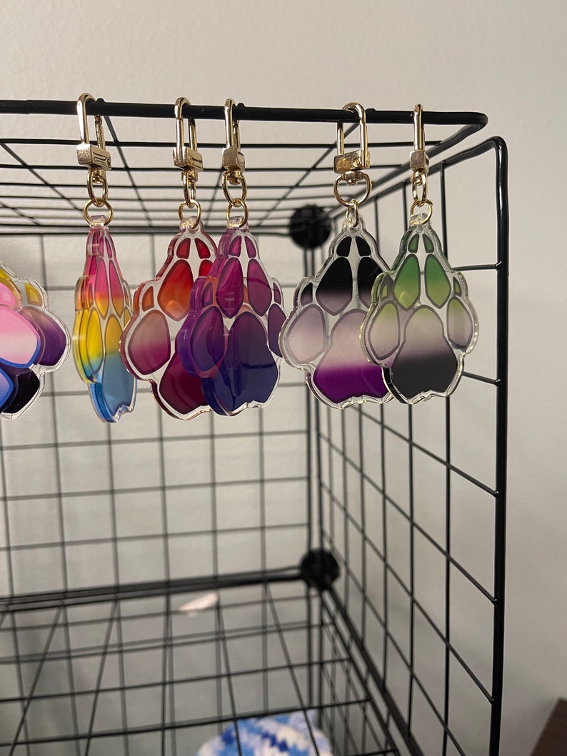 May include: Six colourful paw print keychains with gold clasps. The paw prints are made of clear acrylic with a gradient of colours, including rainbow, purple, pink, black, green, and white.