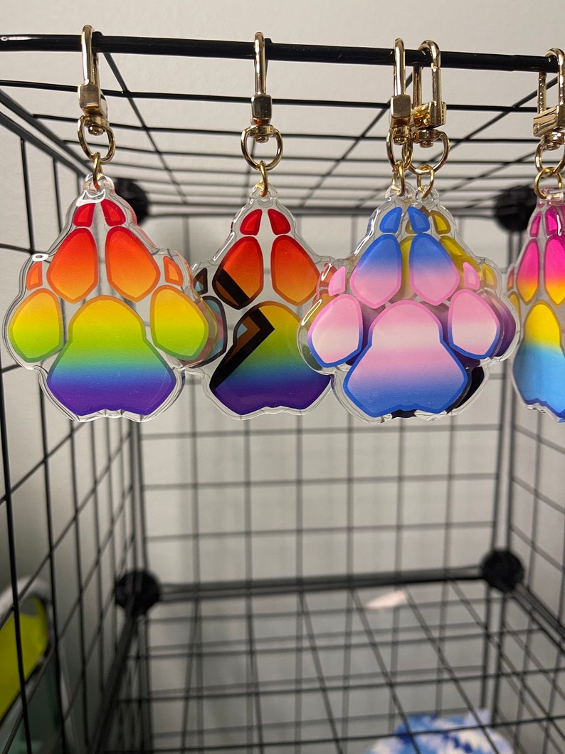 May include: Four rainbow paw print keychains with gold metal clasps. The paw prints are made of clear acrylic and feature a gradient of colours, including red, orange, yellow, green, blue, indigo, and violet. The keychains are hanging from a black wire rack.