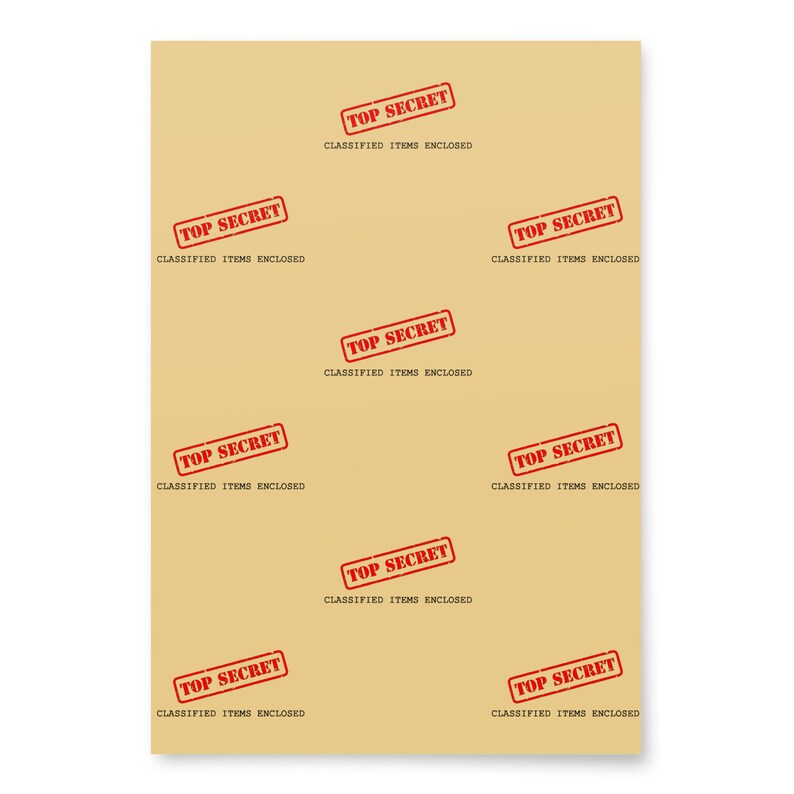 Pu&ograve; includere: Uno sfondo di carta marrone con pi&ugrave; timbri rossi "TOP SECRET" con il testo "CLASSIFIED ITEMS ENCLOSED" ripetuto su ogni timbro.