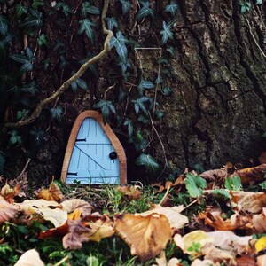 a small blue fairy door sitting under a tree