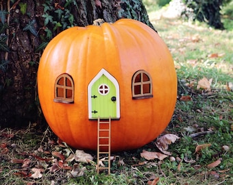 Fairy Pumpkin house set with Green Door | Pumpkin house | Outdoor Decor | Fairy garden | Fairytale door | Fall decor | Halloween decor