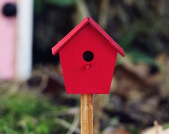 Bird house for Fairy garden | Fairy garden | Fairy garden bird house | Red bird house on stick | Miniature bird house | Gift