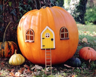 Fairy Pumpkin house set with Yellow Door | Pumpkin house | Outdoor Decor | Fairy garden | Fairytale door | Fall decor | Halloween decor