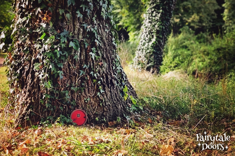 a red fairy door in the middle of the forest