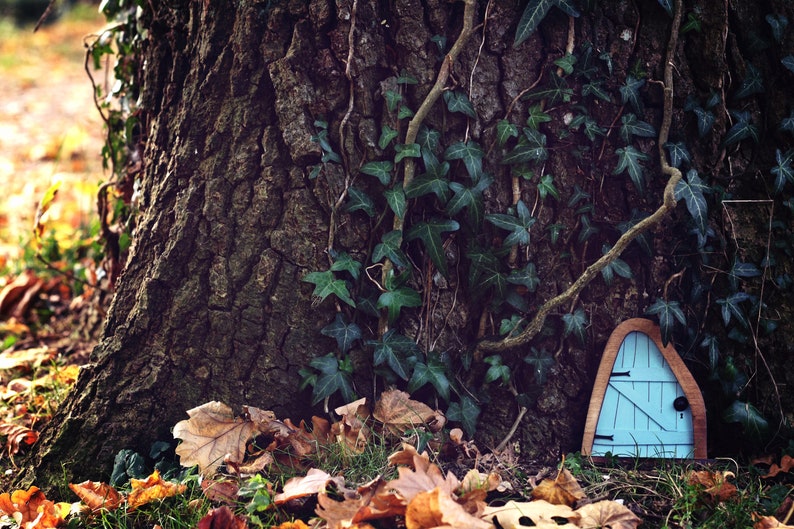 a blue fairy door in front of a tree