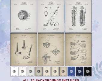 Golf Poster Set of 6, Vintage Golf Patent Print, Golf Club Wall Art, Digital Download, Golfer Gift, Man Cave Art, Swing, Tee, Ball Blueprint