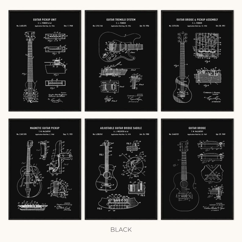 Peut inclure: Six impressions encadr&eacute;es en noir pr&eacute;sentant des sch&eacute;mas de brevets de guitares. Les impressions montrent des illustrations d&eacute;taill&eacute;es de composants de guitare, y compris des micros, des syst&egrave;mes de tr&eacute;molo et des assemblages de chevalets. Le mot "BLACK" est imprim&eacute; en bas.
