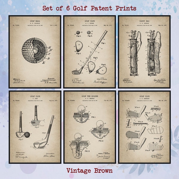 Set van 6 vintage golfpatentafdrukken. Golf kunst aan de muur. Golfbal. Golf Club. Golftee houder. Golfcaddy tas. Decor van de mannengrot. Digitaal downloaden