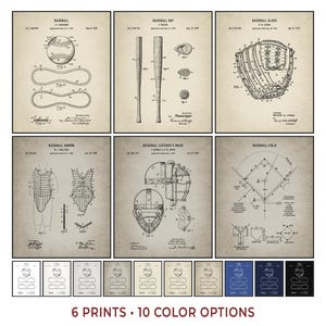 Honkbal patentafdrukken set van 6, afdrukbare sportmuurkunst, jongenskamerdecoratie, coachcadeau