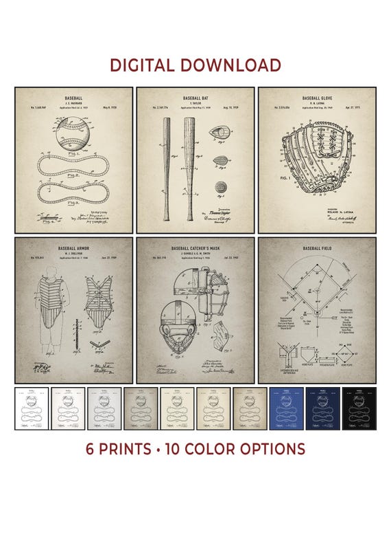 Vintage Baseball Patent Prints – Sports Wall Art Set of 6 – Digital Download