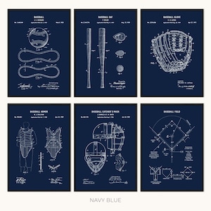 May include: Six framed navy blue baseball patent prints. Each print features white line drawings of baseball equipment, including a baseball, bat, glove, armor, catcher's mask, and field layout. The text "NAVY BLUE" is at the bottom.