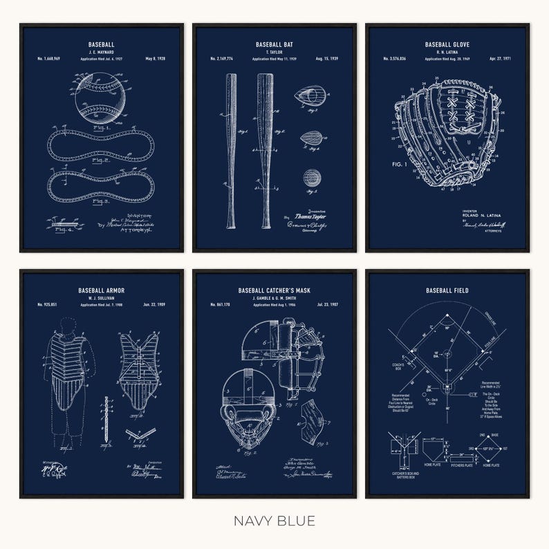 May include: Six framed navy blue baseball patent prints. Each print features white line drawings of baseball equipment, including a baseball, bat, glove, armor, catcher's mask, and field layout. The text "NAVY BLUE" is at the bottom.