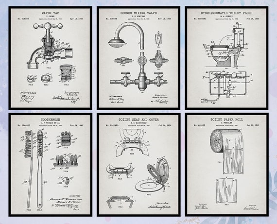 Set of 6 Vintage Bathroom Patent Print. Silver Grey Wall Art. - Etsy