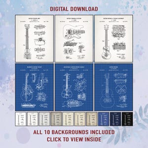 Set Of 6 Guitar Patent Print. Guitars Poster. Vintage Guitar Wall Art. Music Teacher Gift. Guitarist Gift. Musical Art. Digital Download.