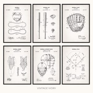 May include: Six framed vintage ivory prints featuring baseball equipment diagrams. The prints include a baseball, bat, glove, armor, catcher's mask, and field layout. Each print has a black frame and is labeled with the item's name.