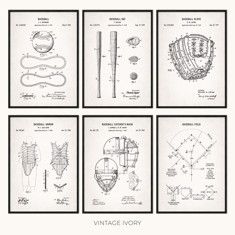 May include: Six framed vintage ivory prints featuring baseball equipment diagrams. The prints include a baseball, bat, glove, armor, catcher's mask, and field layout. Each print has a black frame and is labeled with the item's name.